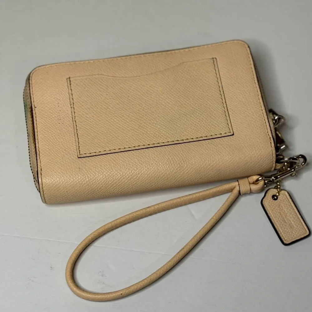 Coach Beige Leather Zip Around Wristlet Wallet
